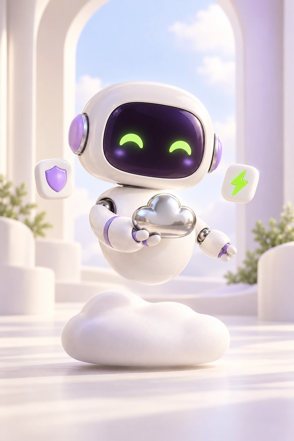 Weridata Cloud AI — bulut üzerinde beyaz ve lila dijital asistan